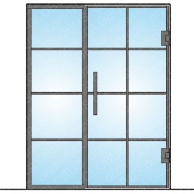 Drzwi szklane LOFT dwuskrzydłowe wahadłowe z doświetlem bocznym – montaż bezpośrednio do muru